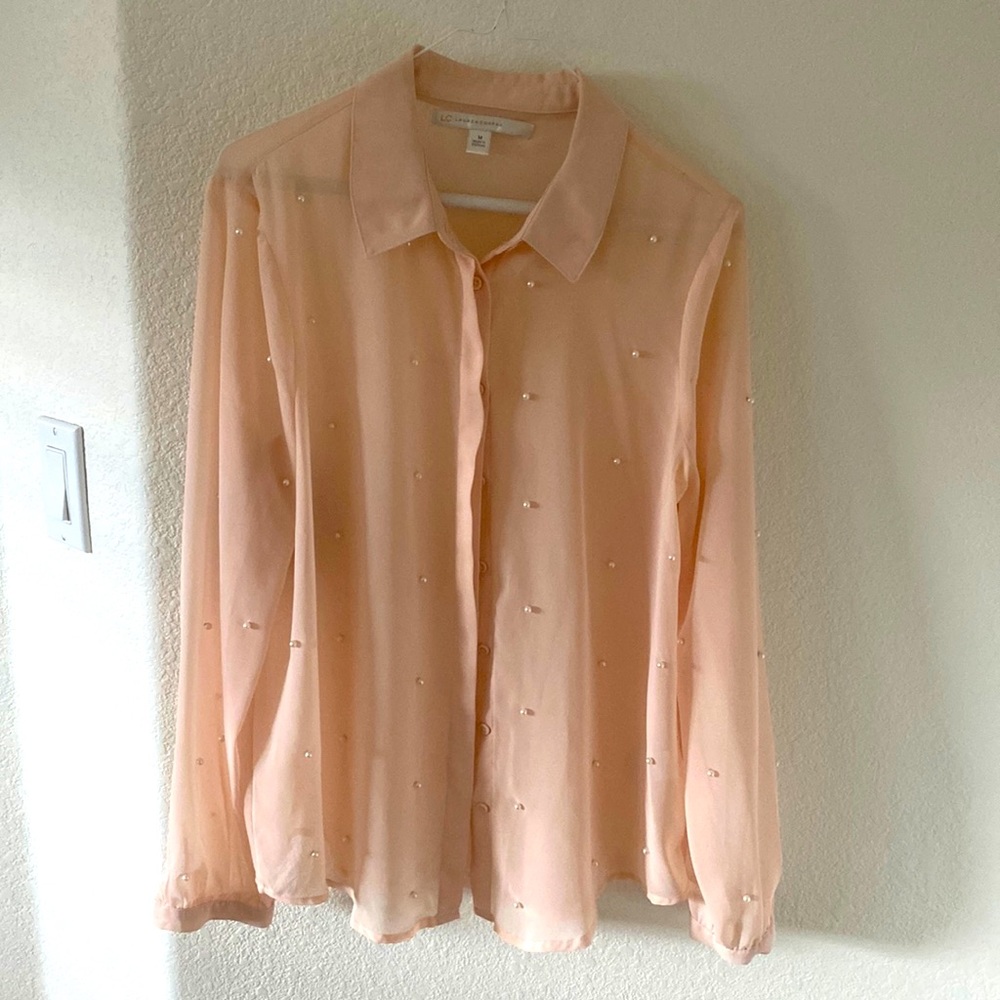 Lauren Conrad beautiful silk peach blouse with pearls. Very classy